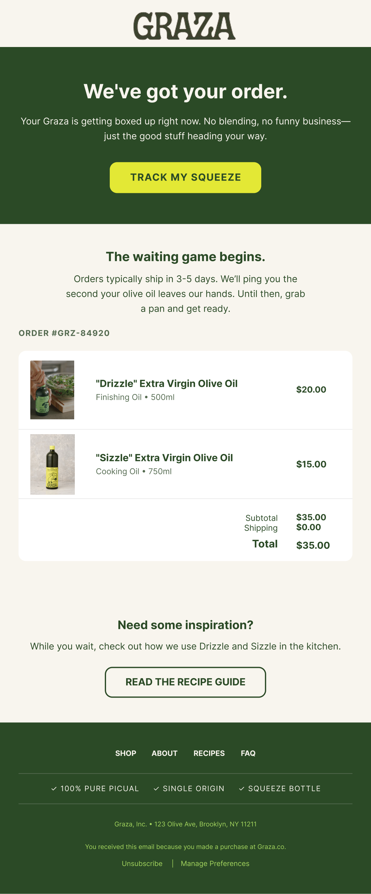 Graza post-purchase order confirmation email