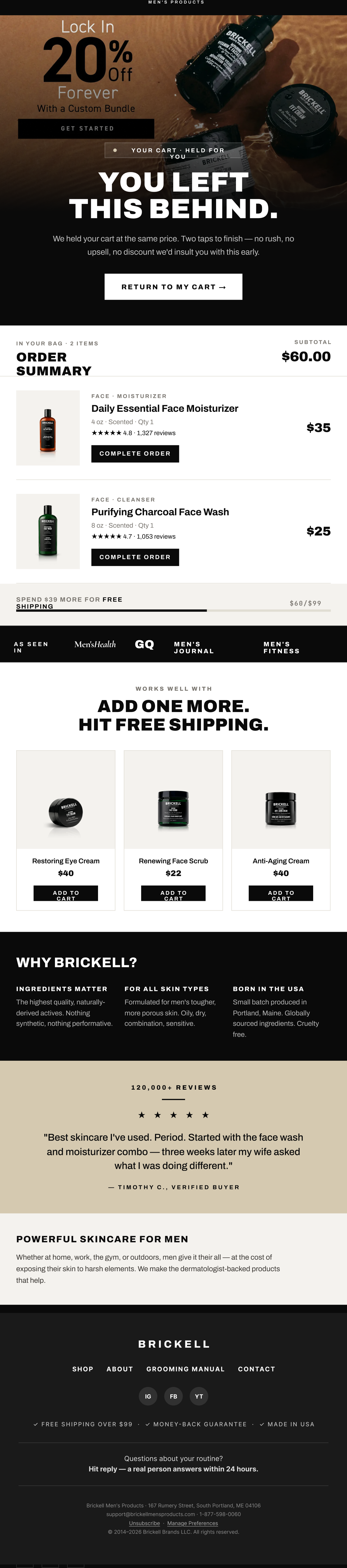 Brickell cart-recovery email — you left this behind