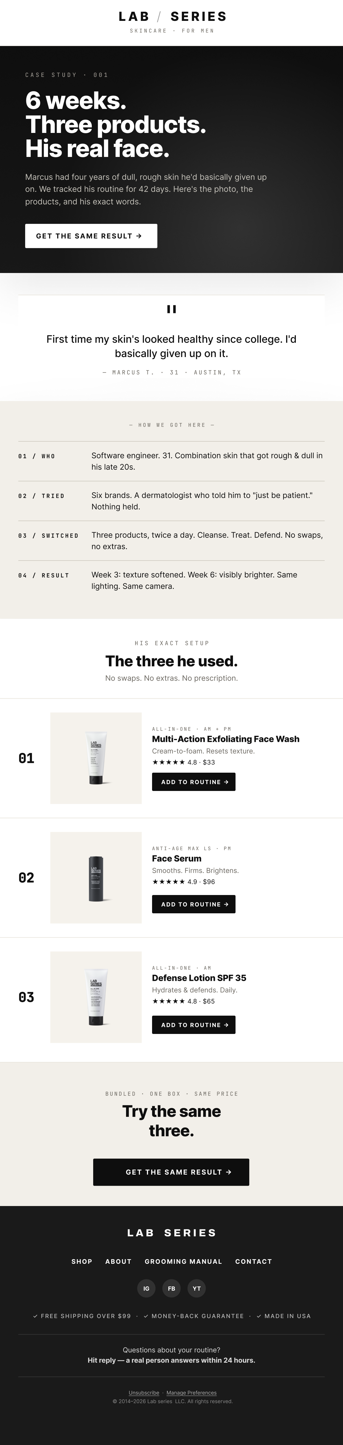 Lab Series case study email — six weeks, three products, real results
