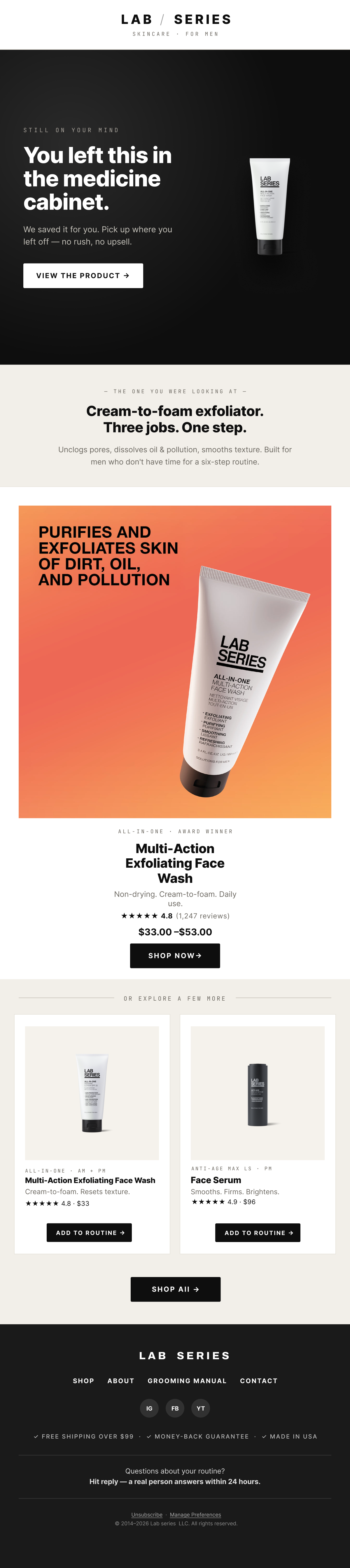 Lab Series browse-abandon email — multi-action face wash mechanism